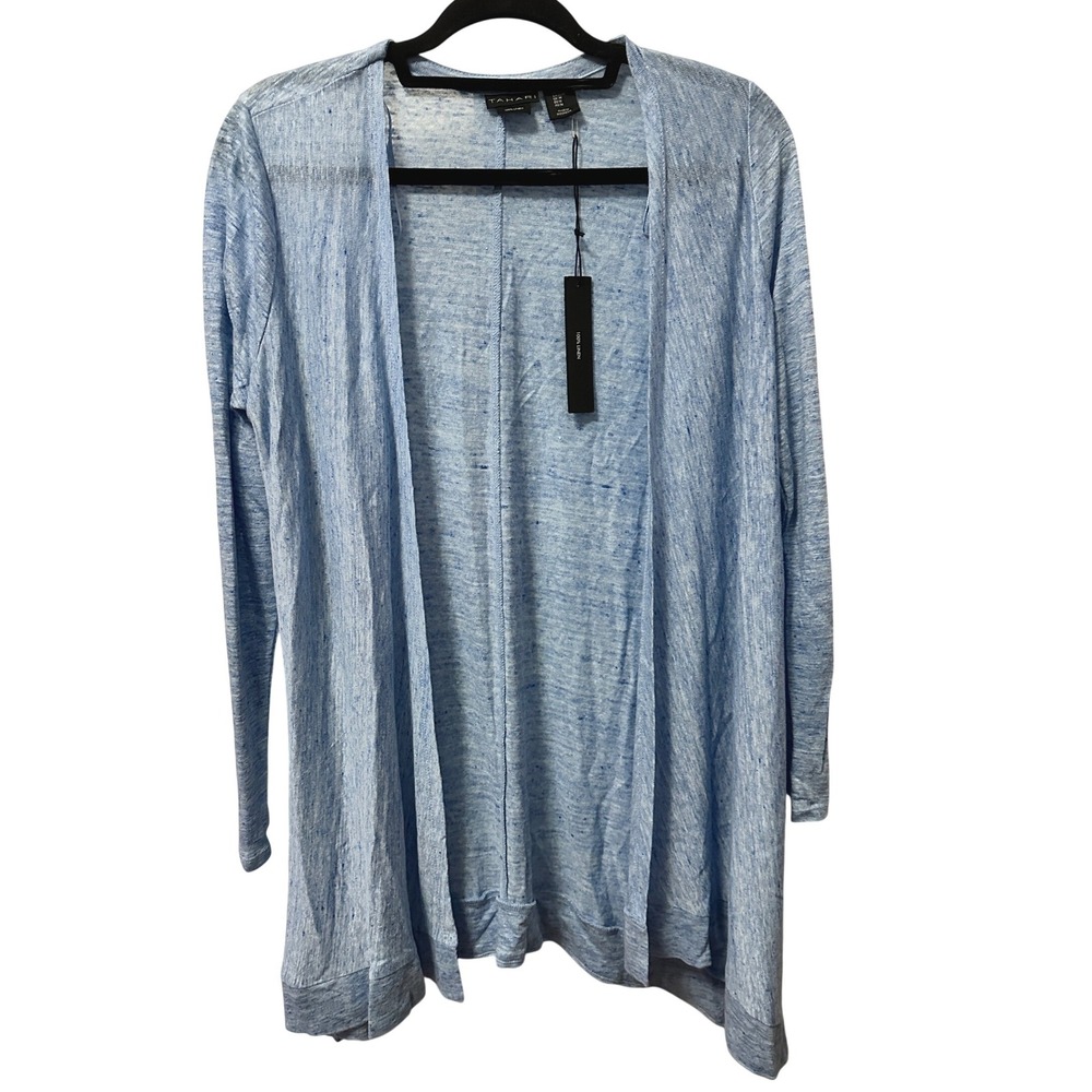 Tahari NEW 100% Linen Open Front Slub Knit Cardigan Women's M Light Blue Sweater